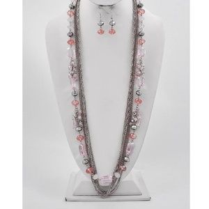 Pink/Silver Multi Strand Necklace & Earring Set